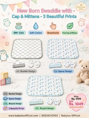New Born Baby Swaddle with Cap & Mittens